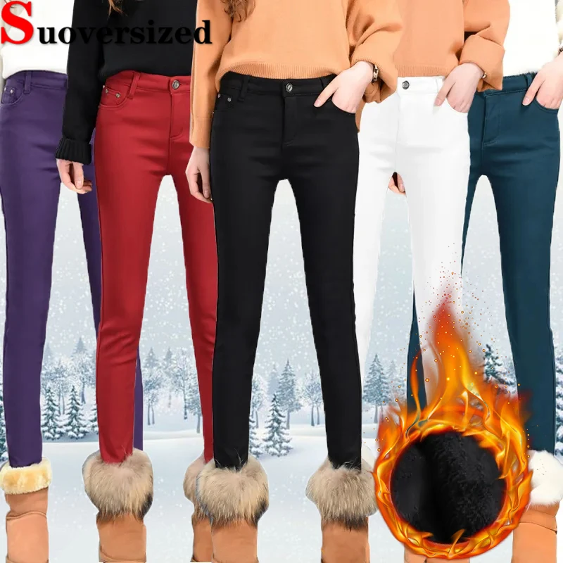 

Winter Thicken Pencil Jeans Women Big Size 25-34 Stretch Vaqueros Slim Warm Velvet Lined Pants Candy Color Skinny Denim Trousers