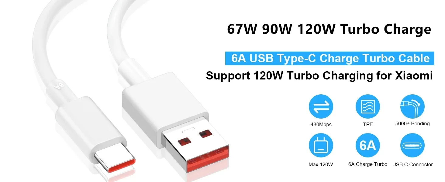 120W 100W 90W 67W 6A Turbo Fast Charging Type C USB Cable For Xiaomi 11 12 13 14 15 17 Redmi Note 11T 12 13 14 POCO X5 X6 X7 Pro