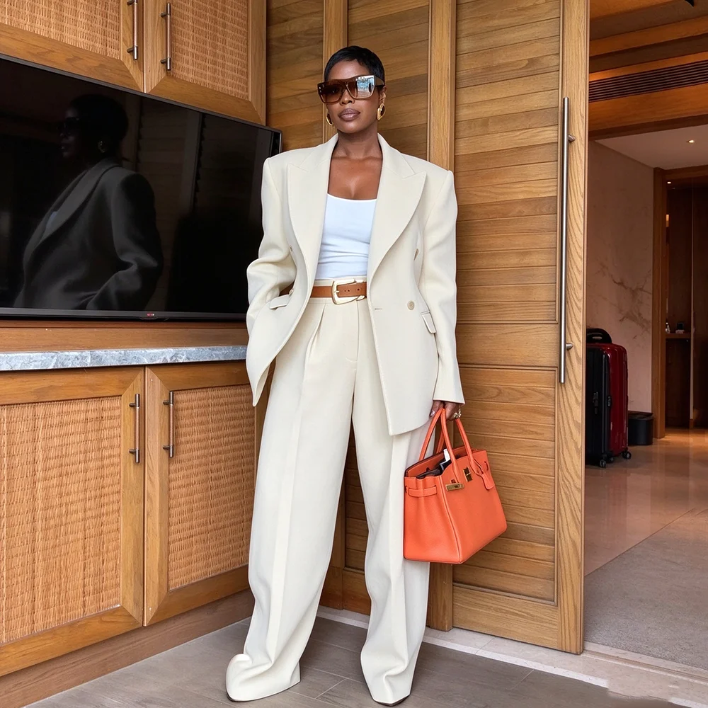 Designer Double Breasted Women's Suits Full Sets Skinny Business Peak Lapel 2 Piece Set Jacket Wide Leg Pants Office Lady Outfit