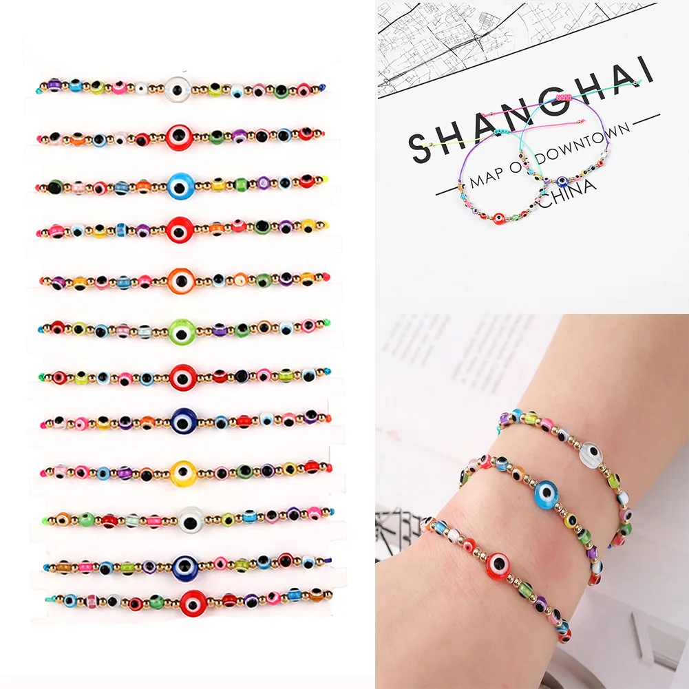 12PCS Resin Devil's Eye Beaded Woven Bracelet Men and Women's Fashion Simple Color Rope Adjustable Woven Bracelet