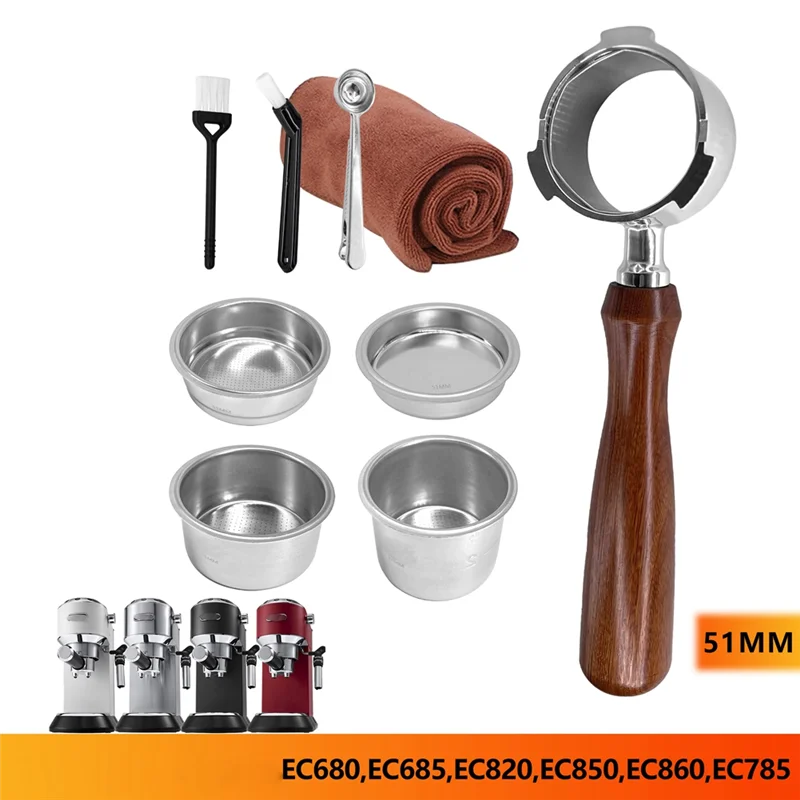 A74G-51Mm Bottomless Portafilter For Delonghi EC680/EC685/EC820/EC850/EC860/EC785/EC885 3-Ear, No Base Filter Holder