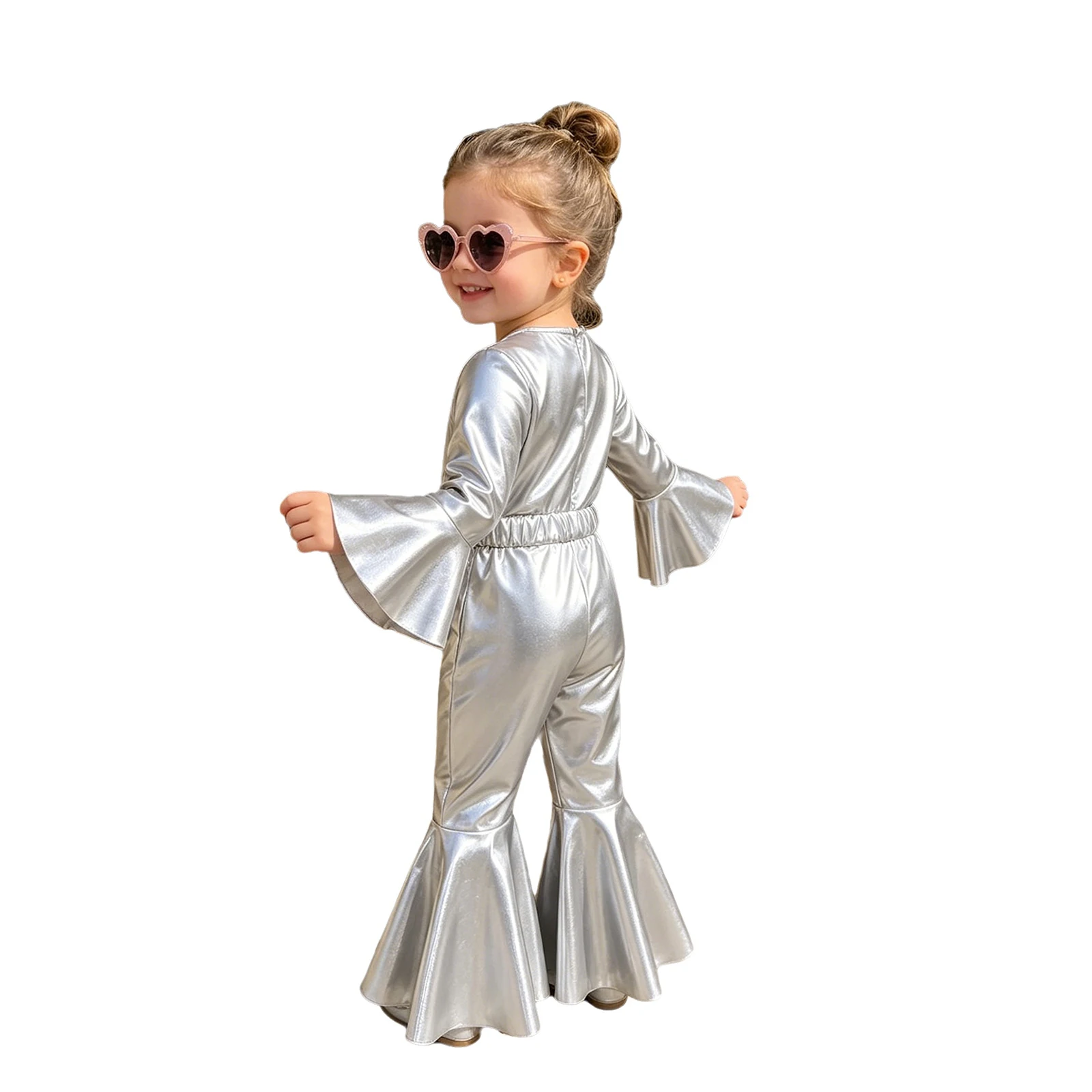 Infant Girls Metallic Shiny Disco Jumpsuit Fashion Zipper Bell-bottom Romper with Bow Belt for Birthday Theme Party Photography