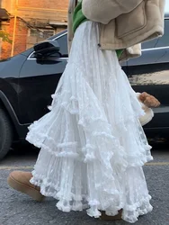 French White Sweet Lace Princess Skirt Women New Elegant High Waisted Slim Midi Skirts Korean Fashion Designer Casual Clothing