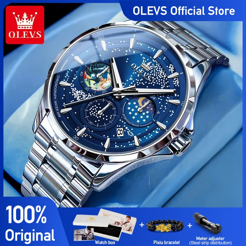 

OELVS Men's Watches Chronograph Original Quartz Wristwatch Waterproof Luminous Stainless Steel Moon Phase 24 Hour Display Male