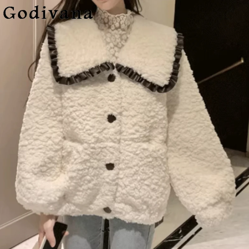 

Large Size Women Autumn Winter Korean Fashion Loose Peter Pan Collar Jacket Age Reduction Versatile Loose Khaki Lamb Wool Coat