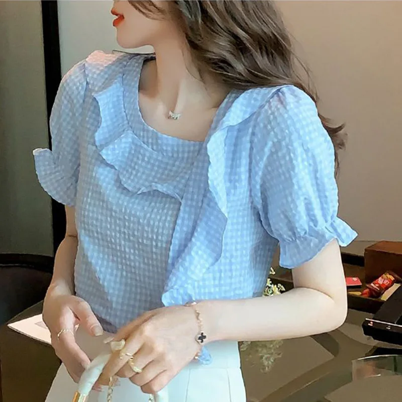 Sweet Loose Spliced Folds Ruffles Lattice Blouse Female Clothing 2023 Summer New Casual Pullovers Office Lady Asymmetrical Shirt