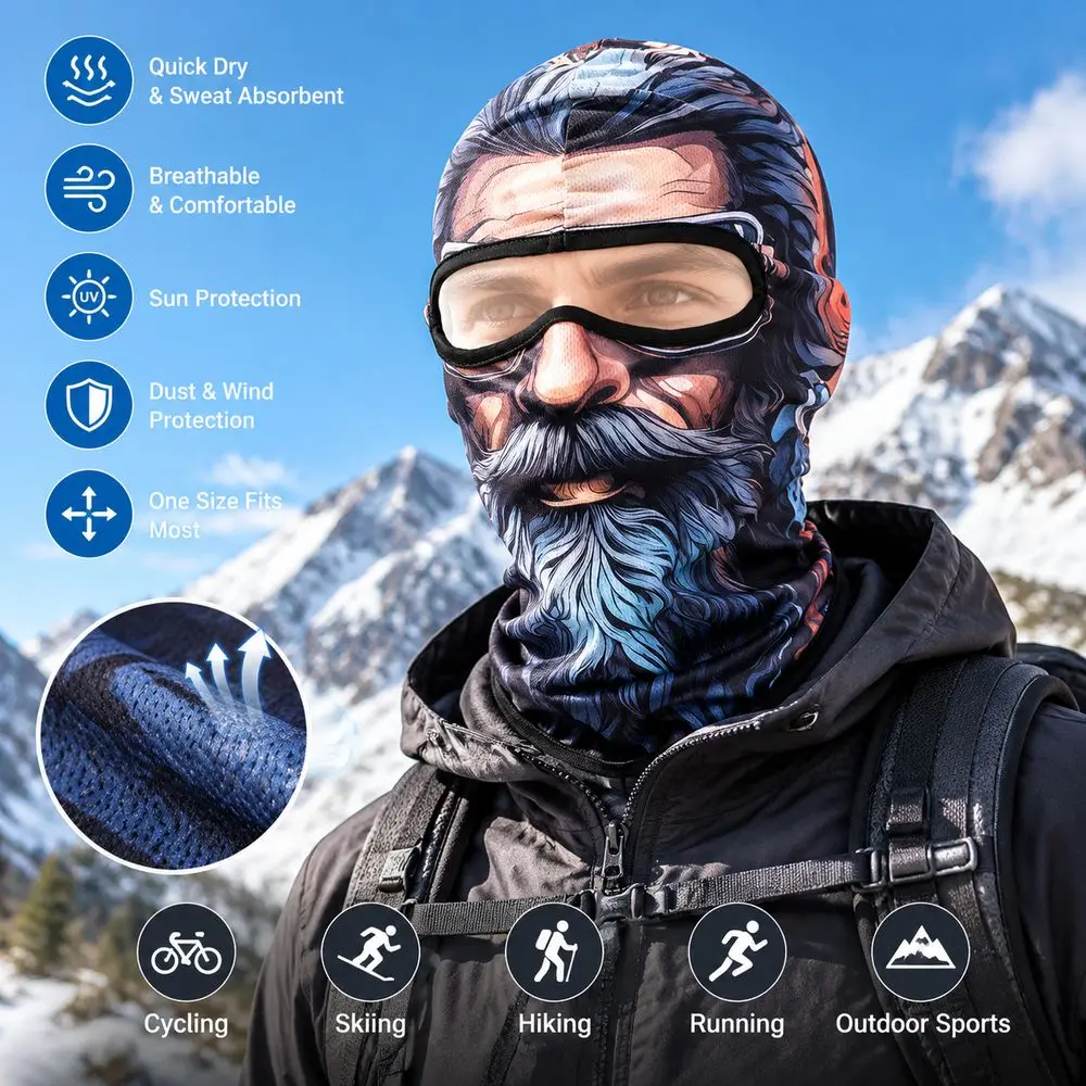 New Beard Print Funny Face Balaclava Sweat Absorbent Breathable Full Face Cover Quick Dry Sun Protection Ski Mask Outdoor Sports