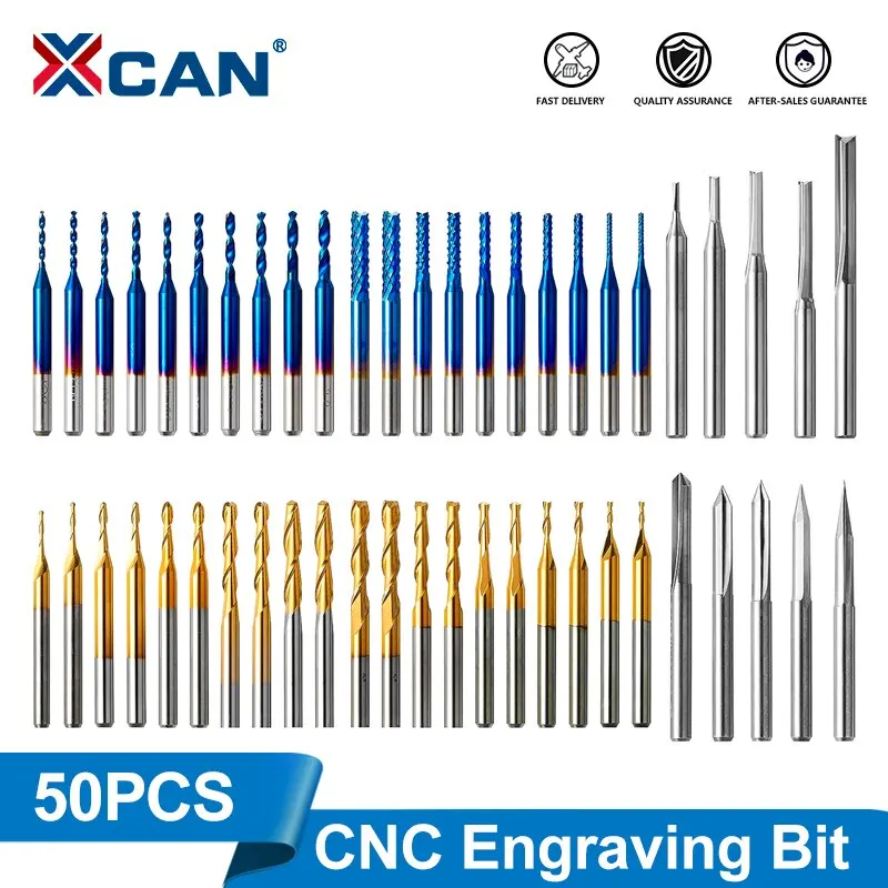 XCAN Milling Cutter 50pcs Tungsten Carbide End Mill Router Bits, 1/8\'\' Shank CNC Cutter Milling Carving Engraving Bit Set