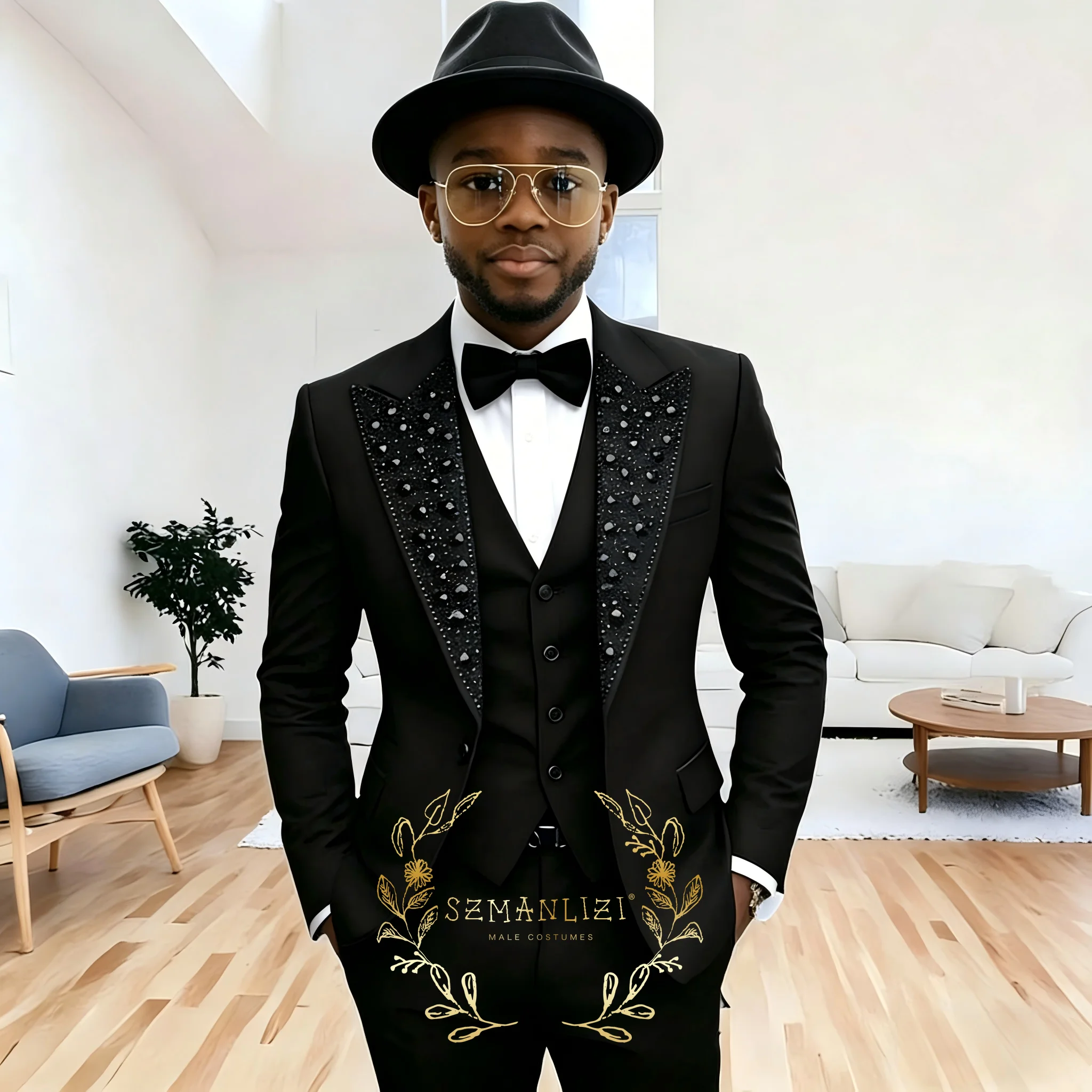 

Black Crystal Beaded Suits Men 3 Pieces Sets Single Breasted Groom Blazer Customized Costume Homme Wedding Tuxedos Male Clothing