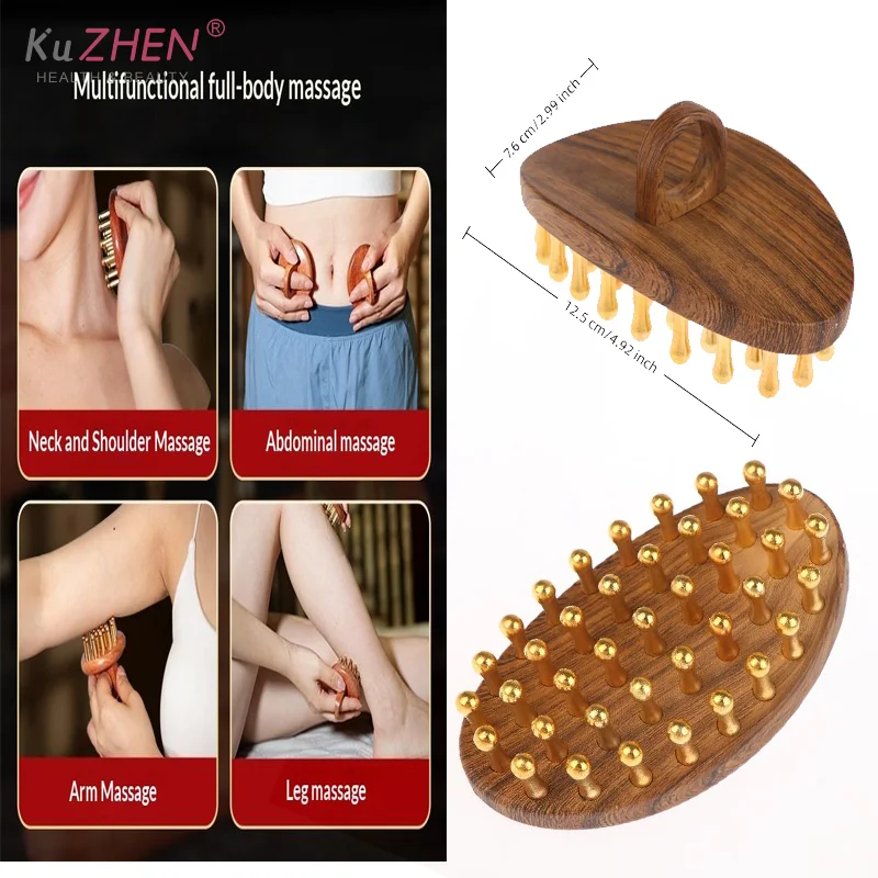 39-Tooth Solid Brass Meridian Brush Wooden Handle Massage Brush Multipurpose Beauty & Body Massage Tool