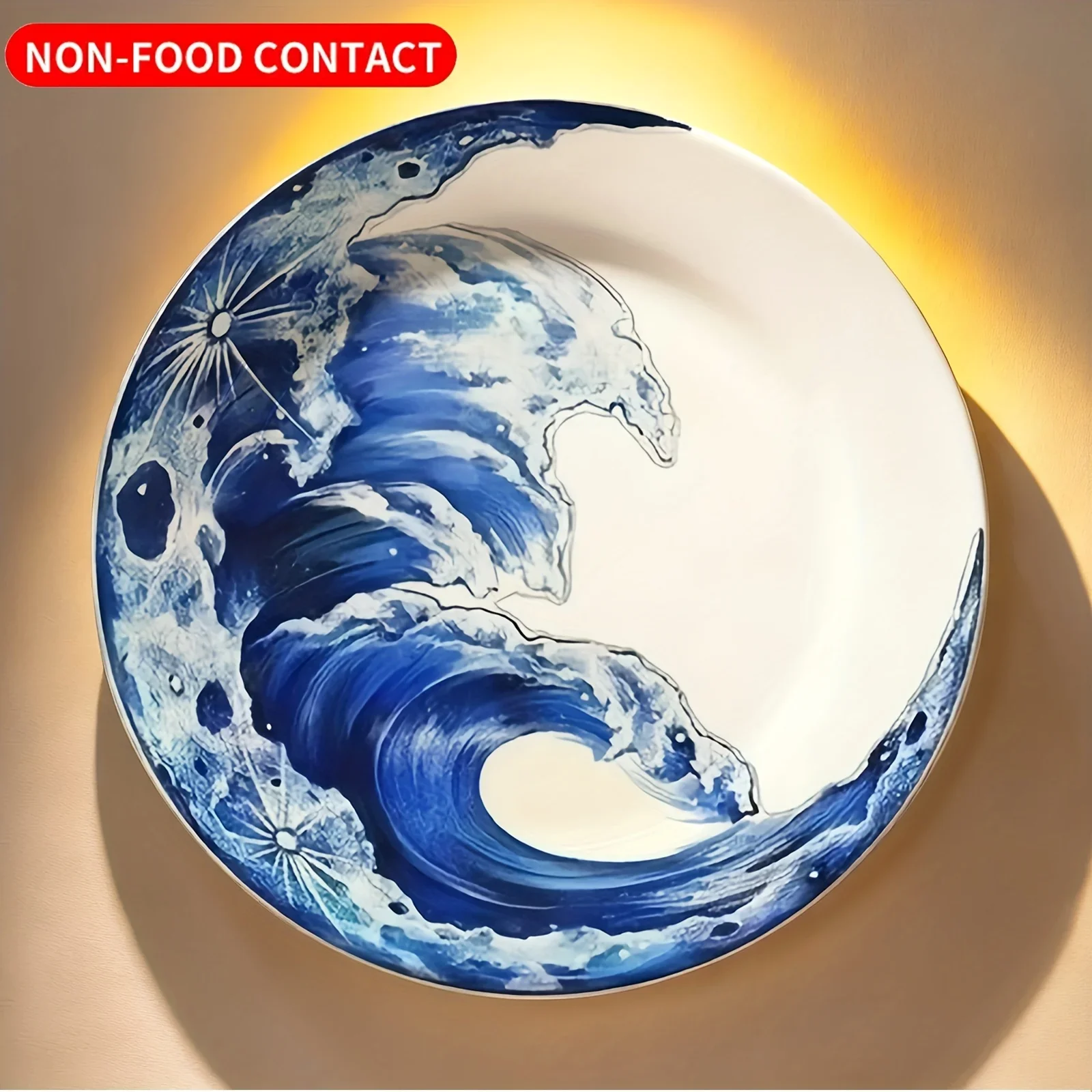 Single Pack Decorative Plate Blue and White Crescent Wave, Non-Food Contact Ceramic Wall Art, Suitable for Home, Living Room,