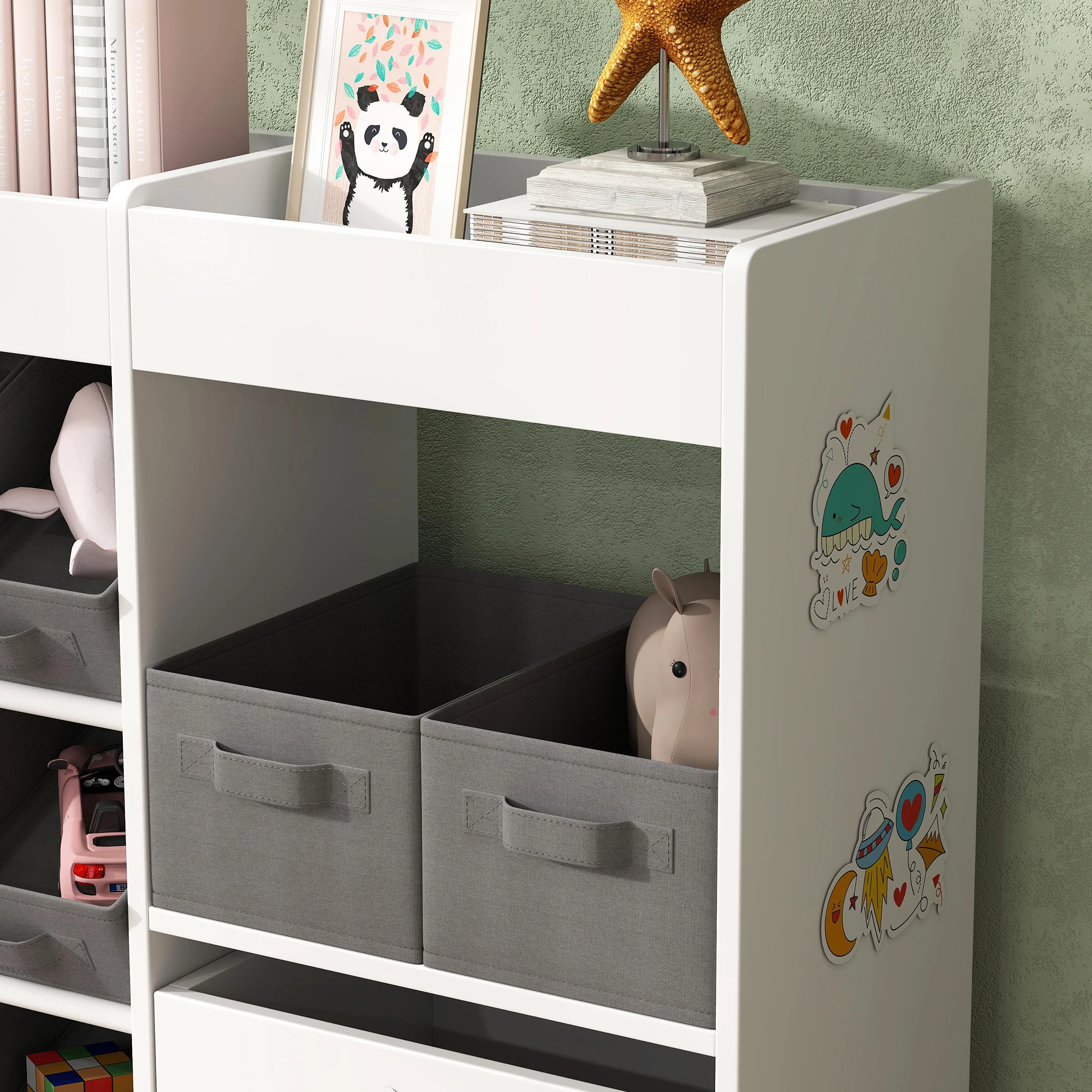 AIYAPLAY Kids Toy Storage Unit with 11 Fabric Bins, Cabinet, Top Shelves for Nursery, Playroom, Kindergarten, White