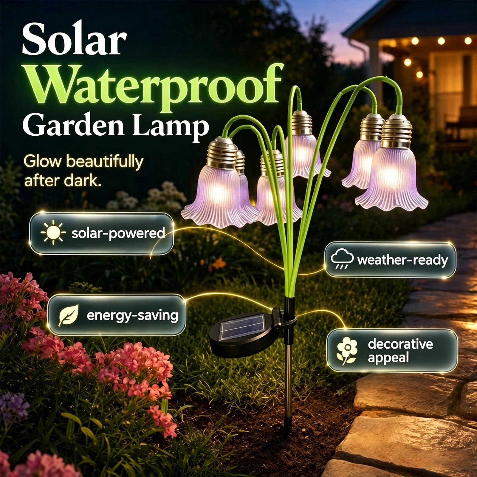 Flower Shaped Solar Stake Light Lily of the Valley Outdoor Garden Decorative Auto On Off Sensor 60cm