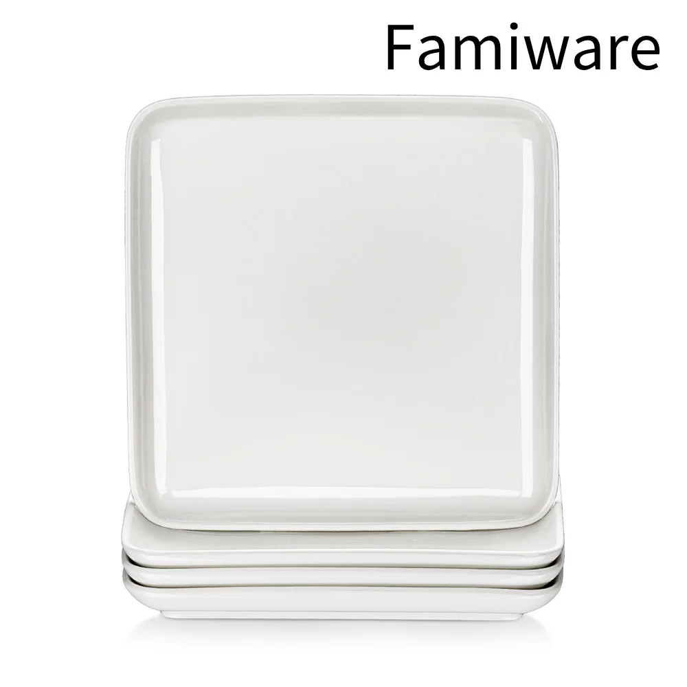 Famiware Piatto piano quadrato da 4 pezzi da 10 pollici Piatto piano quadrato in porcellana bianca