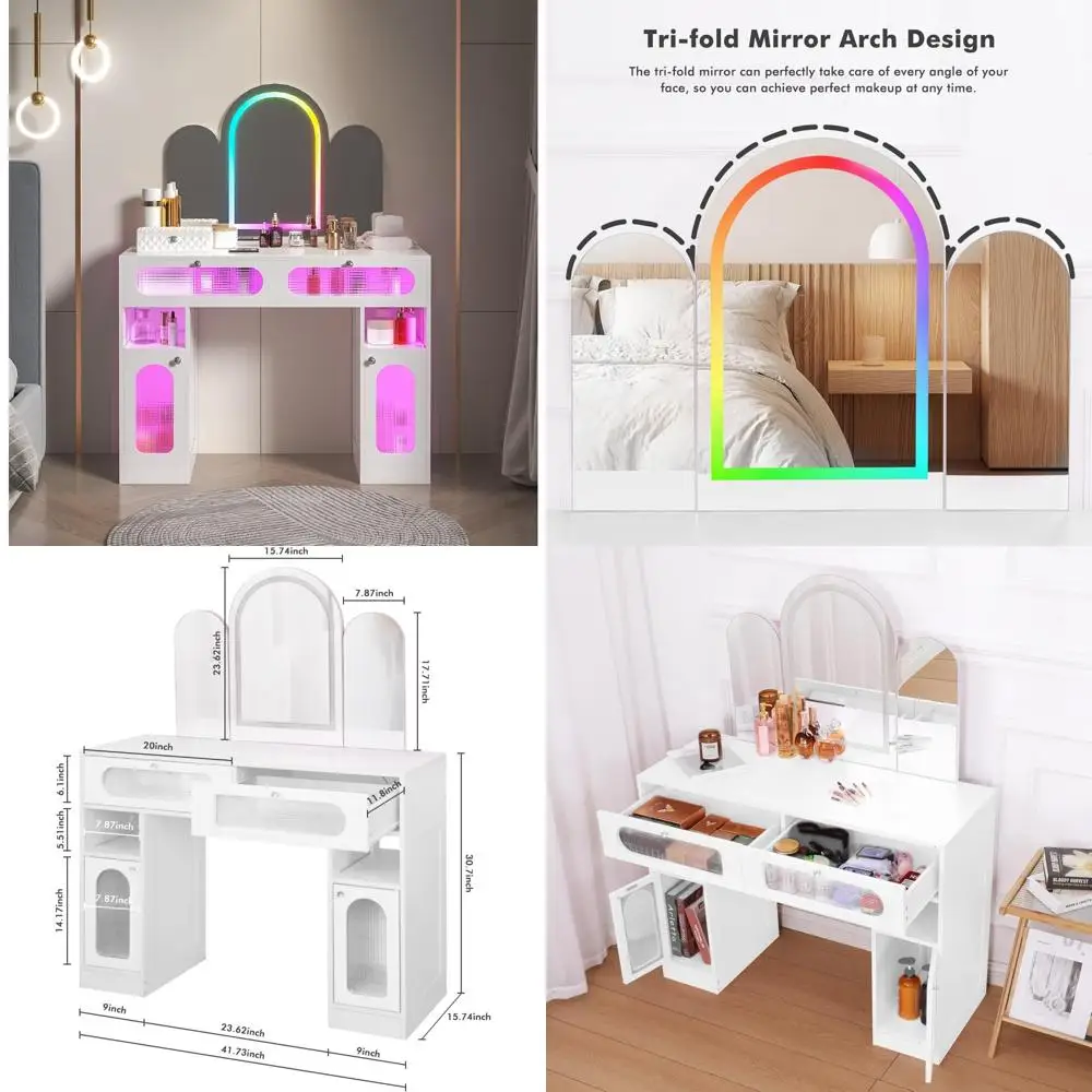 LED Makeup Vanity Table with Arched Mirror, Dimmable Desk in Multiple Colors, 2 Drawers and Open Storage for Beauty Essentials