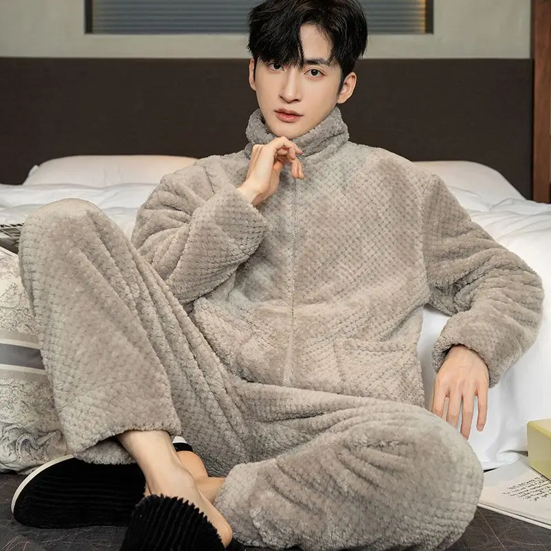 Zipper Pajamas for Men Fleece Winter Sleepwear Korean Sleeping Night Wear Solid Pijama 2 Pcs Pants Sets Warm Home Suit 2024 New