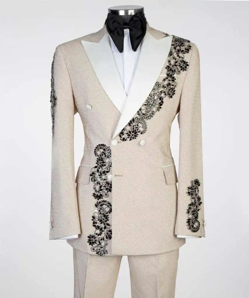 Peaked Lapel Men Suit For Wedding 2 Pieces Sets Male Prom Blazer Sparkly Crystals Formal Beaded trajes para hombre Customized