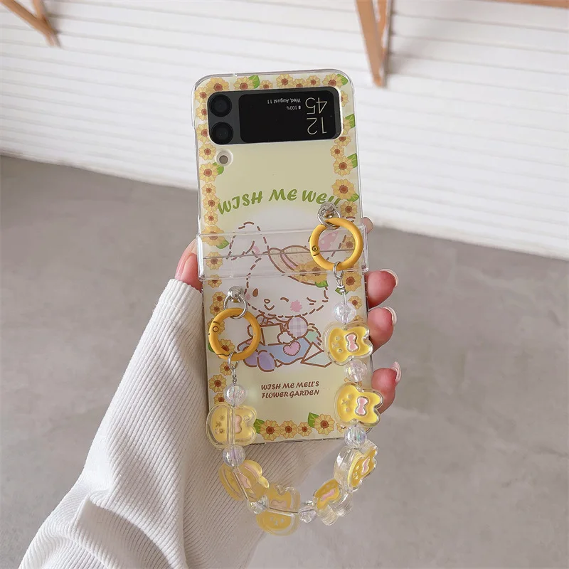 

Cute Rabbit Yellow Chains Phone Case for Samsung Galaxy Z Flip 3 Z Flip 4 Hard PC Back Cover for ZFlip3 ZFlip4 Case Shell