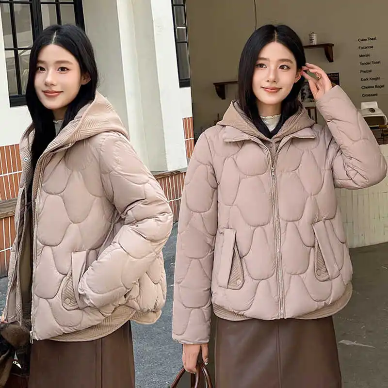 Women\'s Hooded Cotton Parkas Korean Clothes Ladies Winter Jacket Fake two-piece fashion bread Coat Padded Streetwear New Outwear