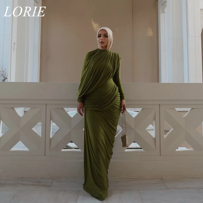 

LORIE Elegant Mermaid Maxi Evening Dress Green Full Sleeves Draped Saudi Arabic Formal Long-Length Prom Gowns Customized