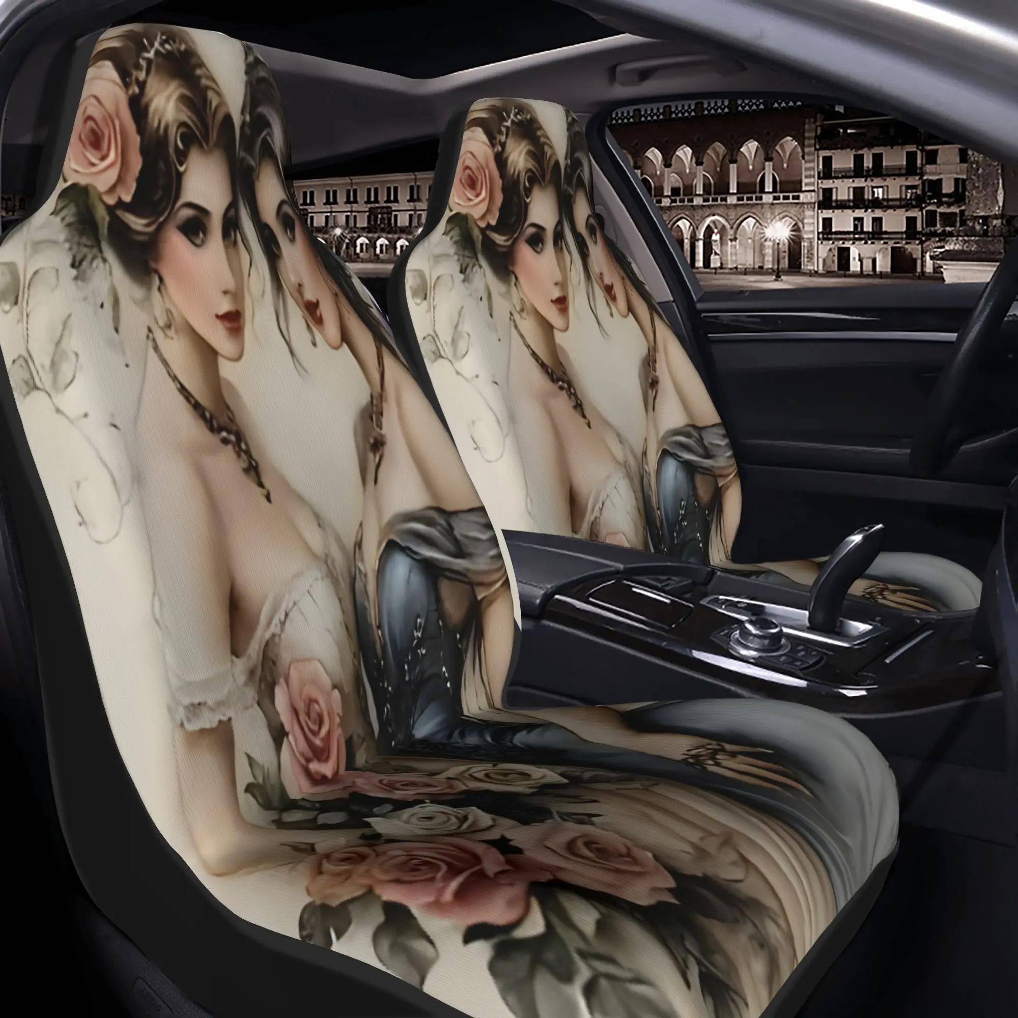 Set Of Two Classy Vintage Portraits Featuring Two Lovely Women Adorned With Roses. These Car Seat Covers Fit For All Types Of Ve