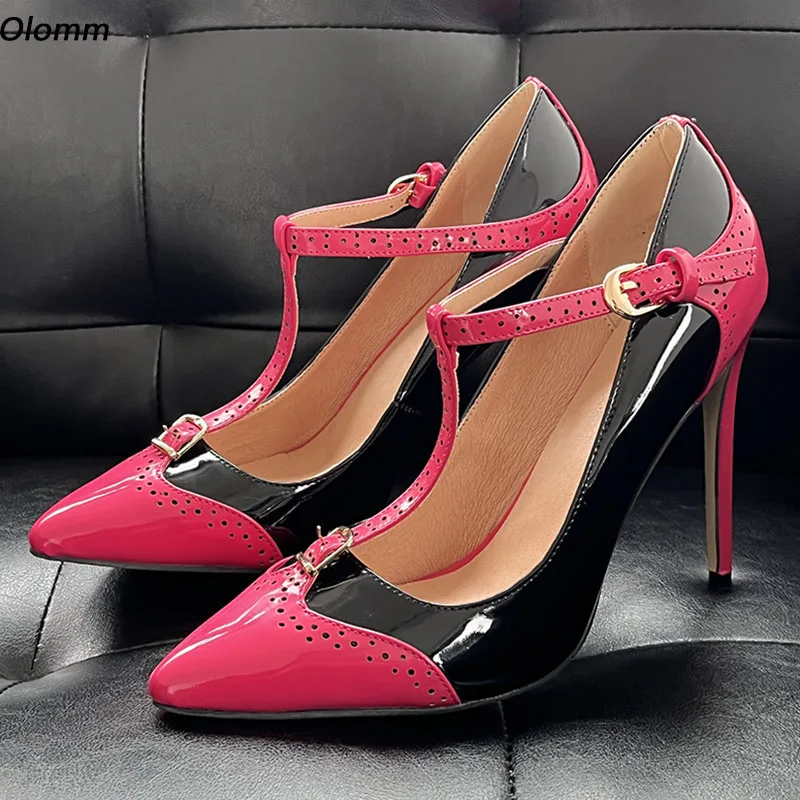 Olomm-Escarpins en cuir verni faits à la main pour femmes, bride en T, talon aiguille pointu, Parker, magnifiques chaussures de soirée rouges, dames, taille US 5-15