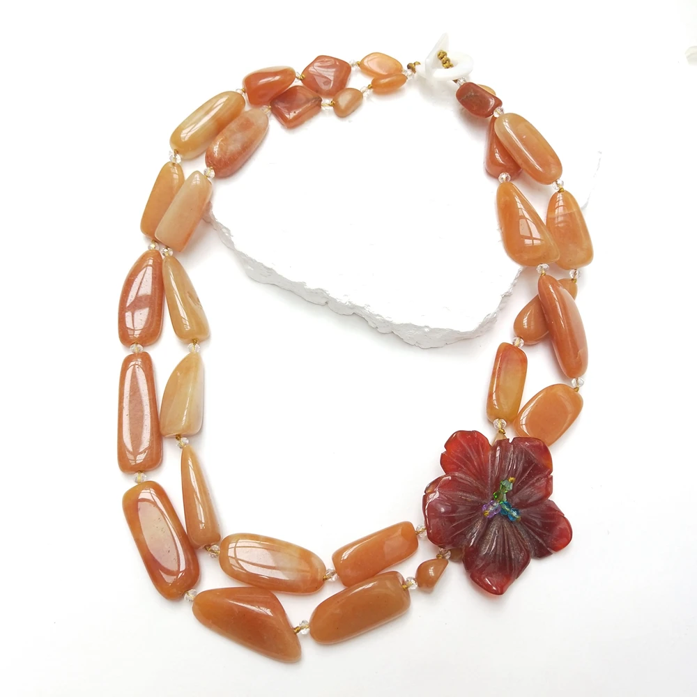 Lii Ji Real Stone Necklace Peach Aventurine Agate Flowers Statement Necklace 54cm Women Necklace Jewelry Gift