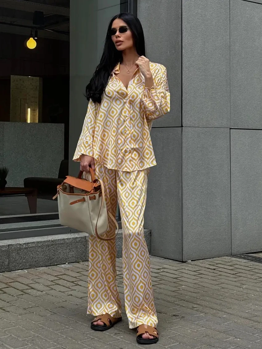 

Marthaqiqi Autumn Fashion Female Nightgown Suit Turn-Down Collar Nightwear Long Sleeve Pajama Pants Printing Women Sleepwear Set