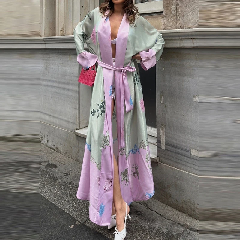 Cardigan Pajamas Sleepwear Smooth Bathing Robe Dress Printed Pattern Long Sleeve Loose Dress One Piece Sexy Costumes Women Dress