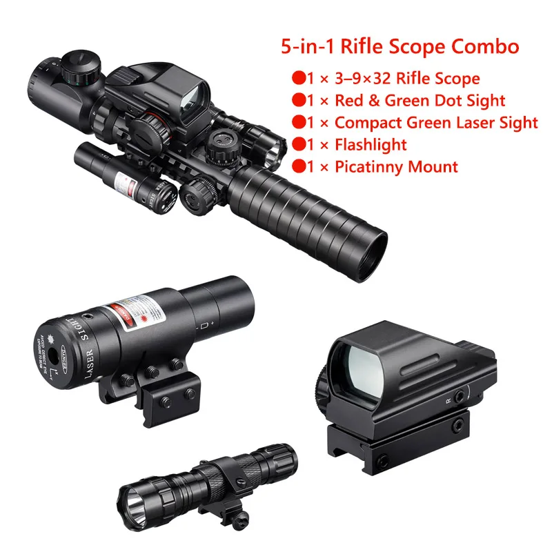 

5 in 1 3-9x32 Scope Combo with Dual Illuminated Optics 4 Holographic Red/Green Dot IIIA/2MW Laser Reflex Sight Rangefinder
