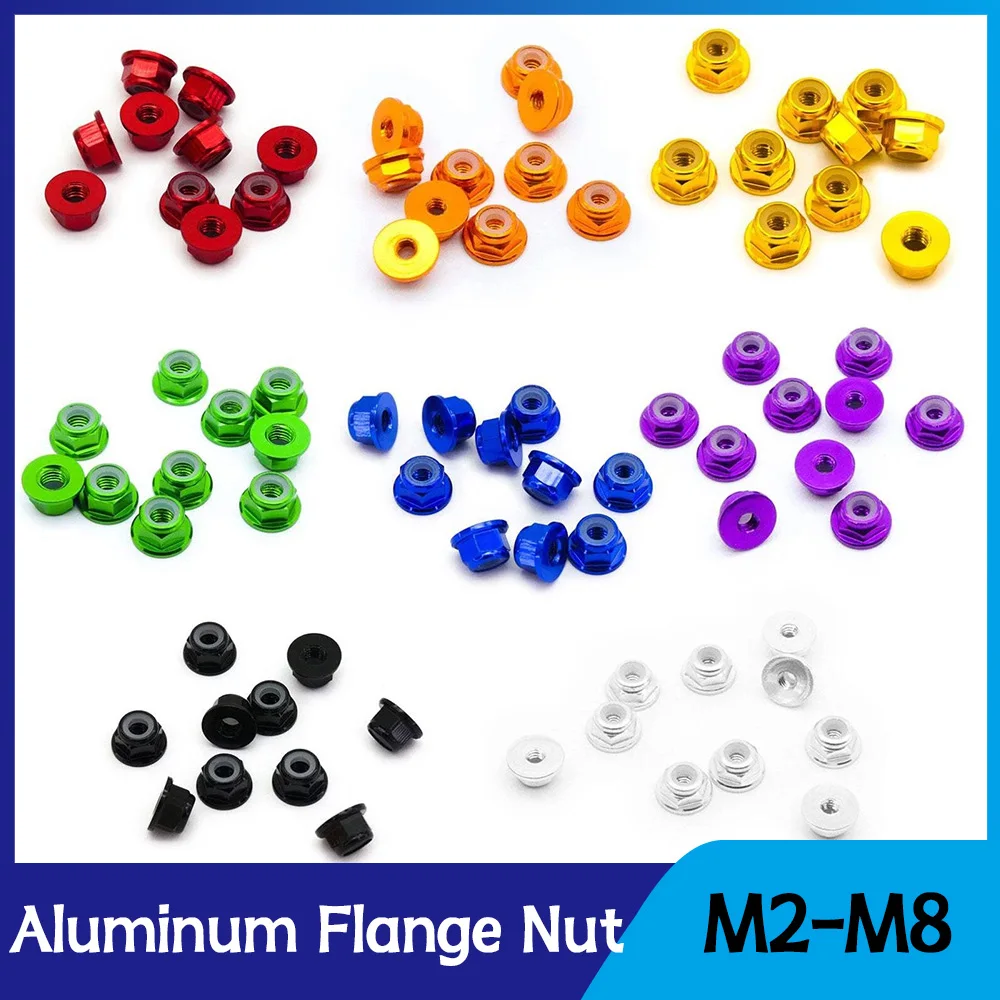 20Pcs M2 M2.5 M3 M4 M5 M6 M8 Anodized Aluminium Alloy Flange Nylon Lock Nut Thread Aluminium Self-locking Hexagonal Nylock Nuts