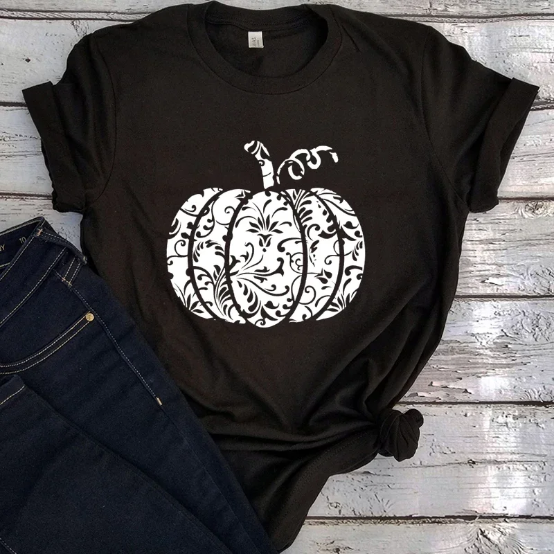 

Floral Pumpkin Shirt Halloween Pumpkin Graphic T Shirts Vintage Streetwear Fall Tshirt Women Sexy Tops Harajuku Clothes Black