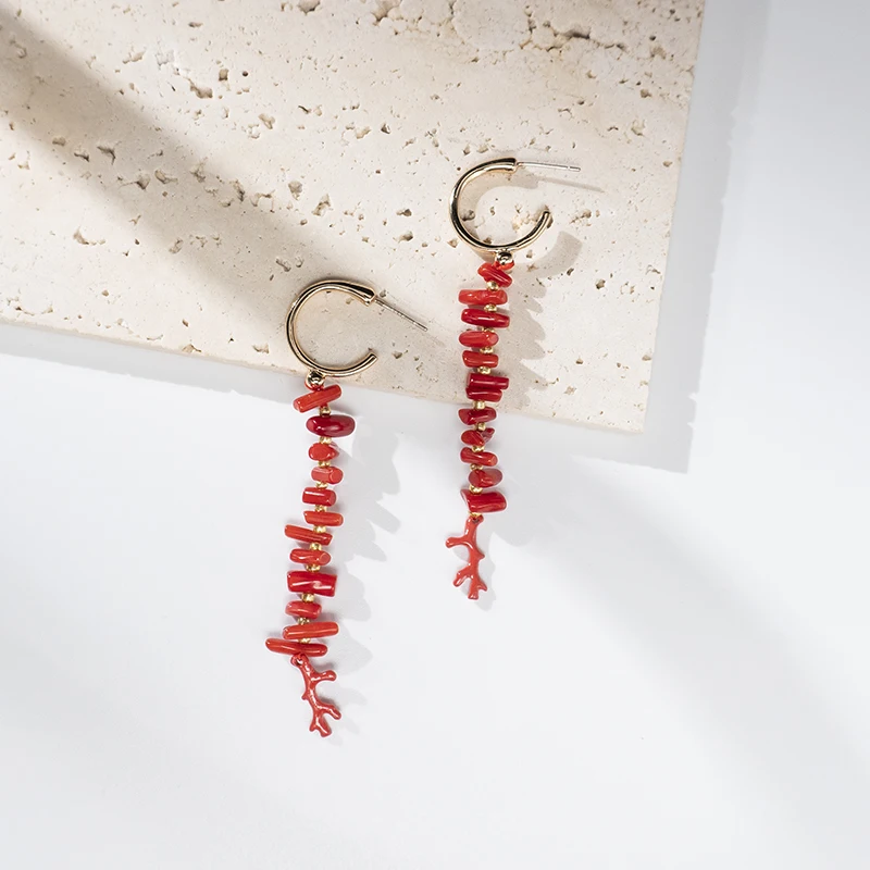 

Red Coral Earrings Irregular Stone Boho Dangle in Over Sterling Unique Vintage Long Statement Creative Piercing Jewelry