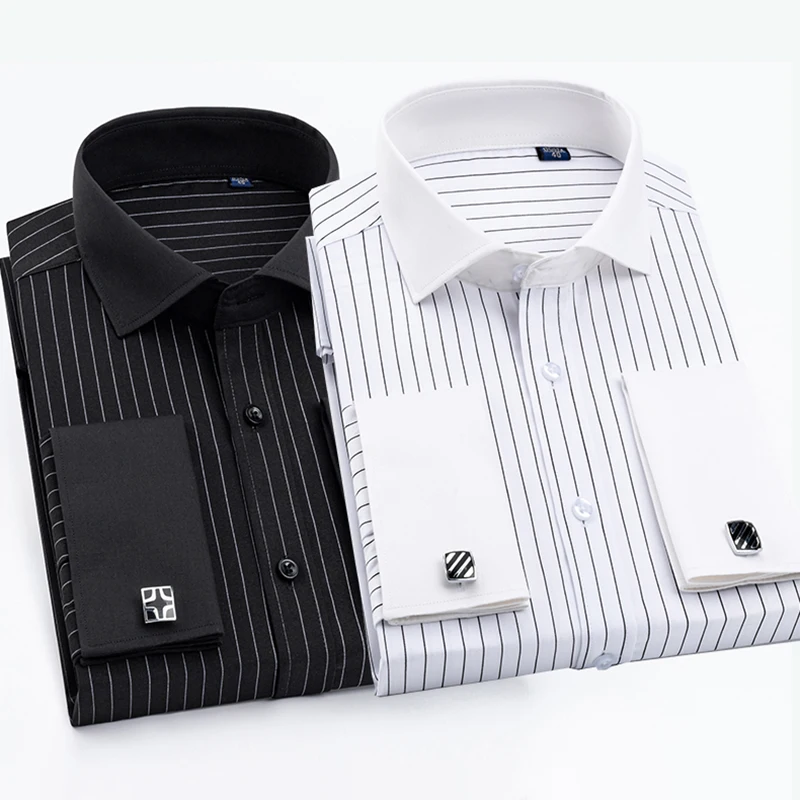 Men's Windsor Collar French Cuff Dress Shirt Long Sleeve Spread Collar Striped Business Formal Tuxedo Shirt with Cufflinks