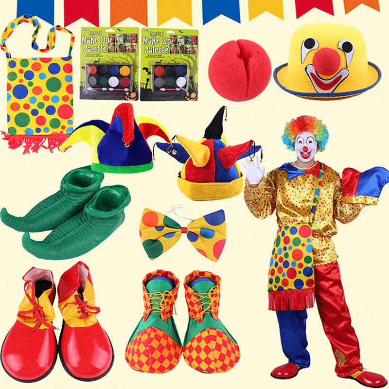 Chapeau de Clown drôle, sac à dos avec nœud papillon, lunettes de couleur à l'huile, perruque, masque, chaussures, accessoires de Performance pour Costume