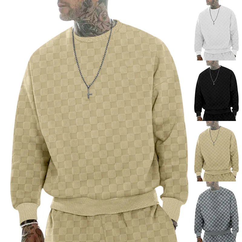 Cross-border men\'s clothing autumn and winter heavy jacquard checkerboard round neck casual bottoming shirt knitted long sleeves