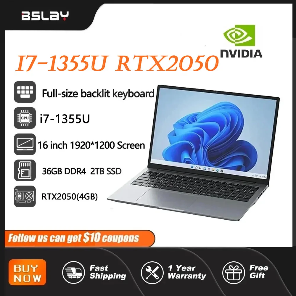 

Gaming Laptop 16 Inch Intel Core I7-1355U NVIDIA RTX2050 4G 36GB DDR4 2TB SSD Window 11 12 Cores 16 Threads Lightweight PC