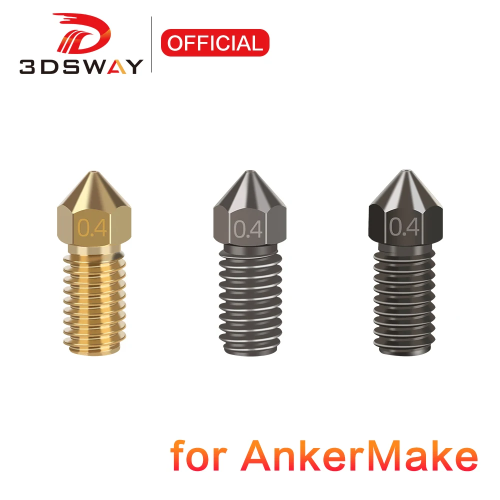 3DSWAY 5pcs Hardened Steel Nozzles Stainless Steel Brass Nozzle 0.4mm/1.75mm M6 Thread For AnkerMake 3D Printer Parts Hotend