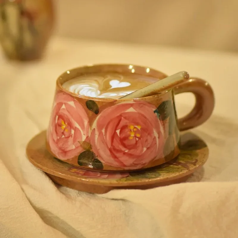 

Hand-Painted Rose Coarse Pottery Coffee Cup Romantic Water Cup High-End Chinese Ceramic National Tide, Jingdezhen