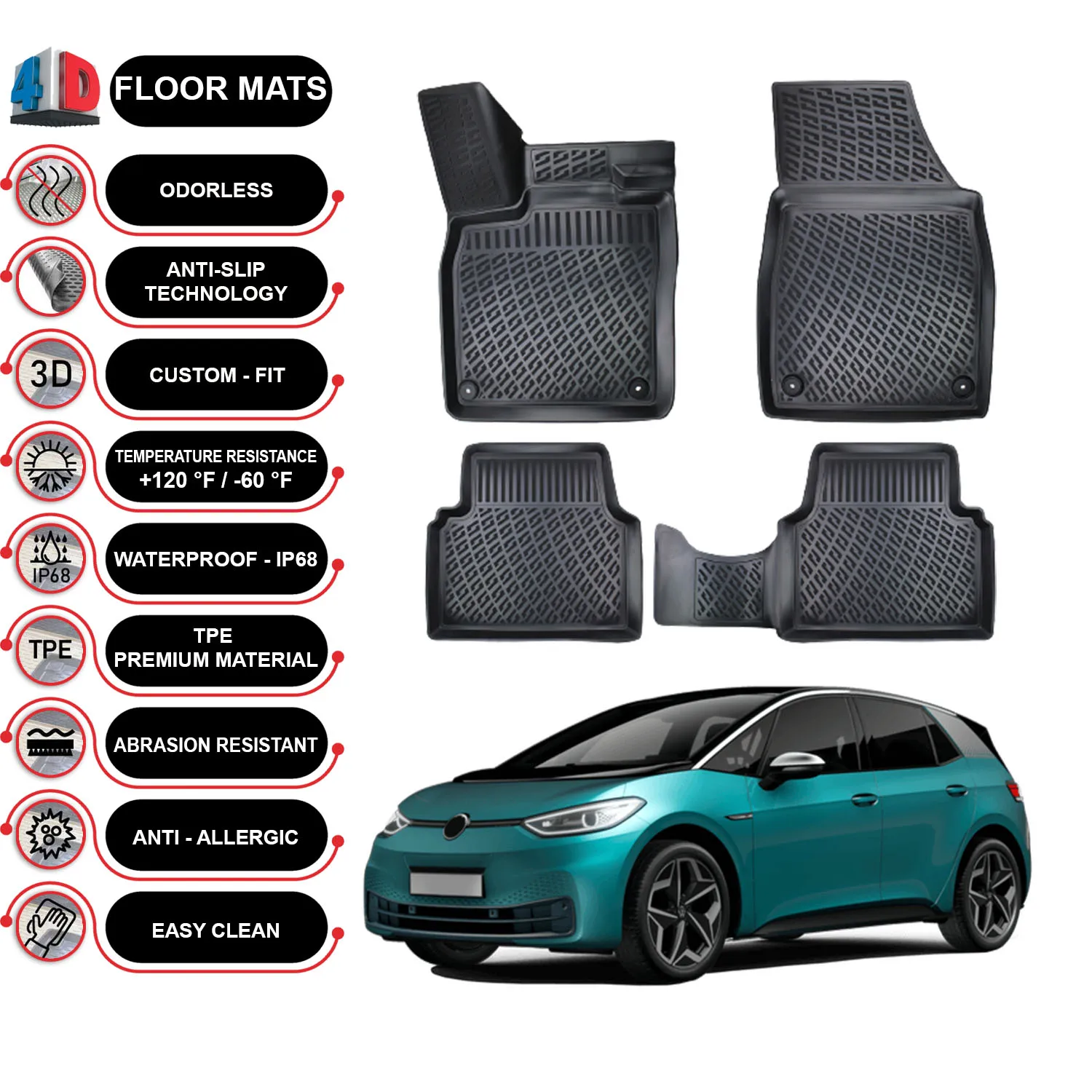 Volkswagen ID.3 - (2020-2022) Floor Mats Liner Waterproof 3D - (Black)