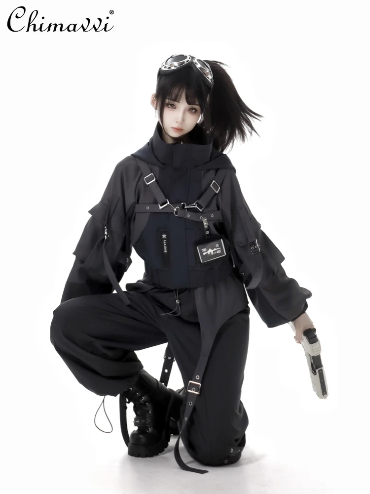 

Механический стиль, черные, серые брюки, милая крутая куртка на молнии с капюшоном, повседневные брюки с эластичной резинкой на талии, субкультурная одежда