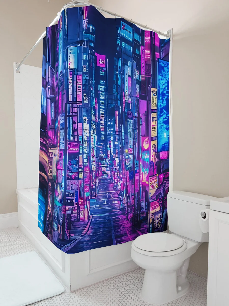 Cyberpunk Cityscape Shower Curtain Neon Signs Skyscrapers Futuristic Bathroom Decor Waterproof  Durable  Complimentary hook