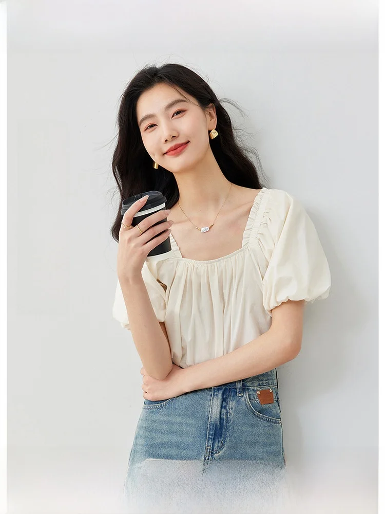 

Slimming ort Sve Casual irt Women's Faionable Design Cotton French Sle Square Collar Bubble Sve Pure Color