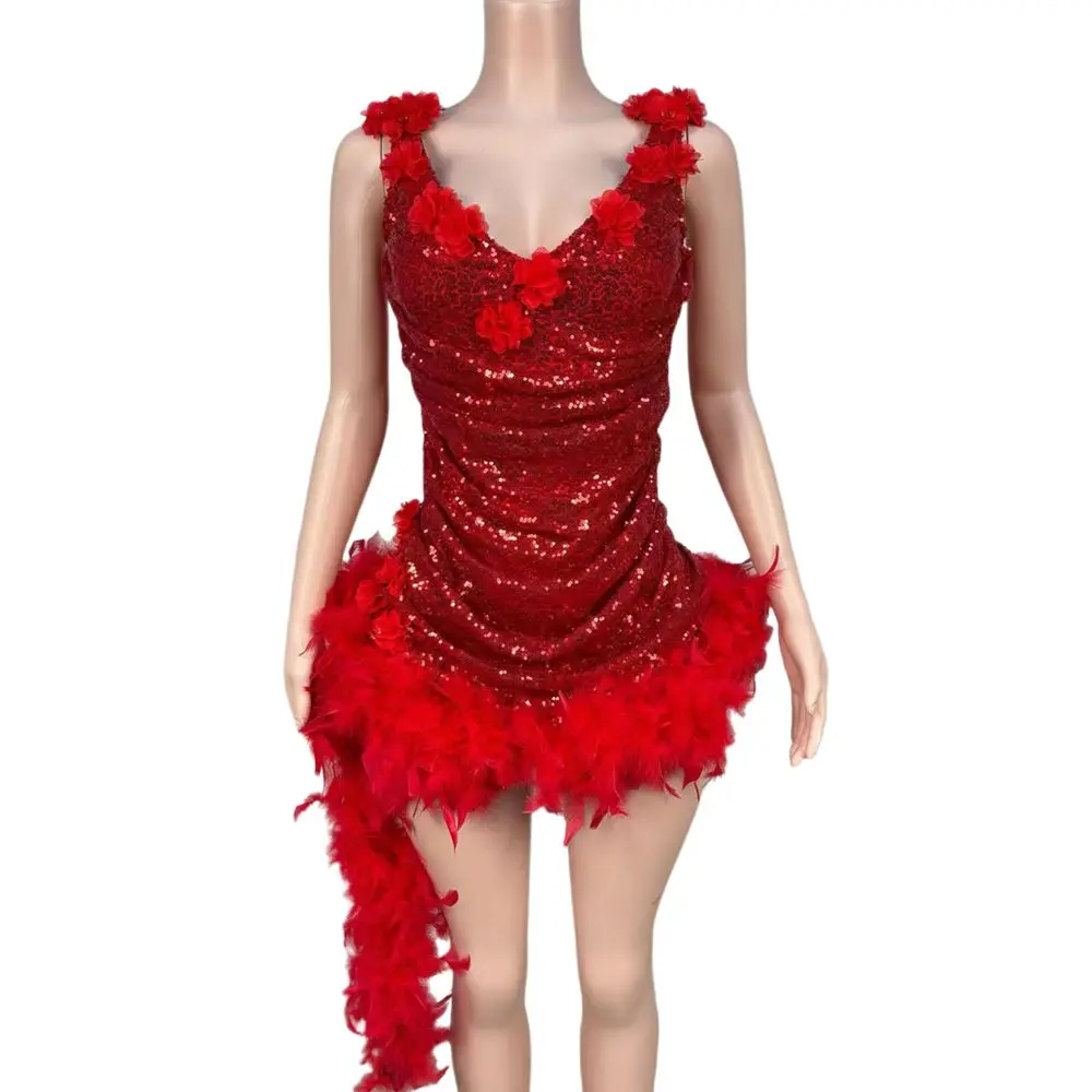 

Короткое платье с блестящими пайетками и красными перьями для женщин, сексуальное вечернее платье для вечеринки, празднования дня рождения, сценический костюм для выступлений