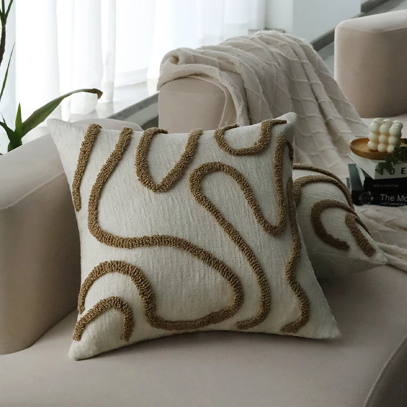 Coffee Pillow Cover Chenille Cushion Cover 45x45cm for Living Room Sofa Home Decoration Simple Line Tufted Zippered Closure