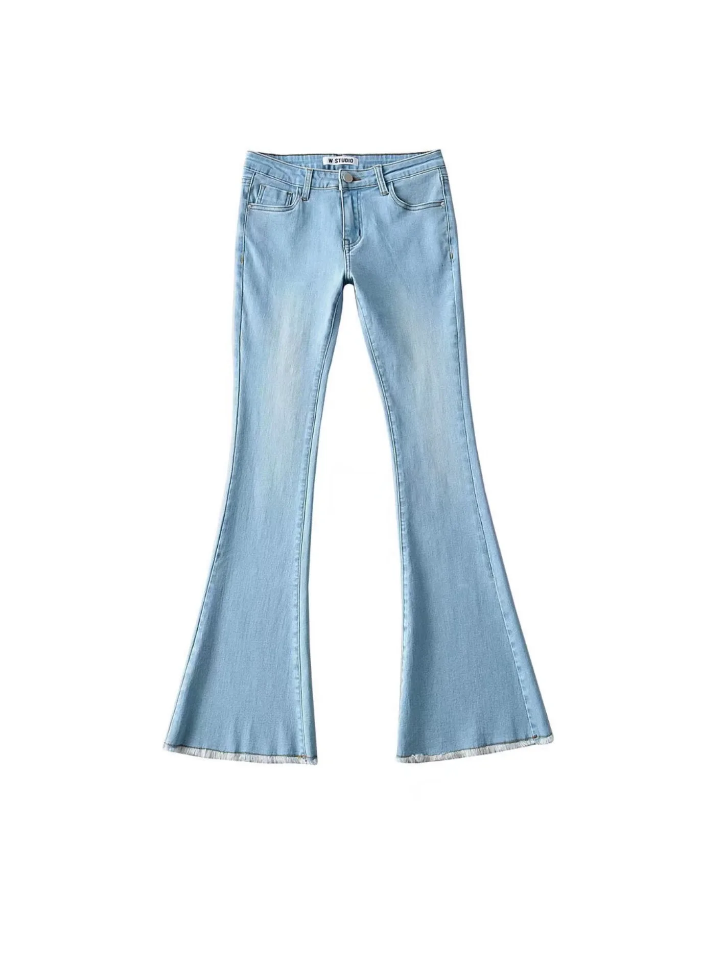 Pantaloni a zampa di elefante in Denim con frange a vita bassa blu chiaro pantaloni attillati da donna con glutei di sollevamento Sexy lavati fino al pavimento 6 o75