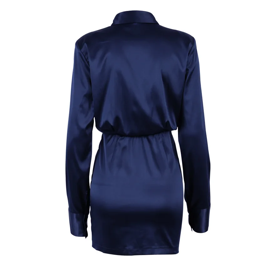 Bangniweigou Padded Shoulder Long Sleeve Shirt Dress navy women elegant satin glossy Skirt