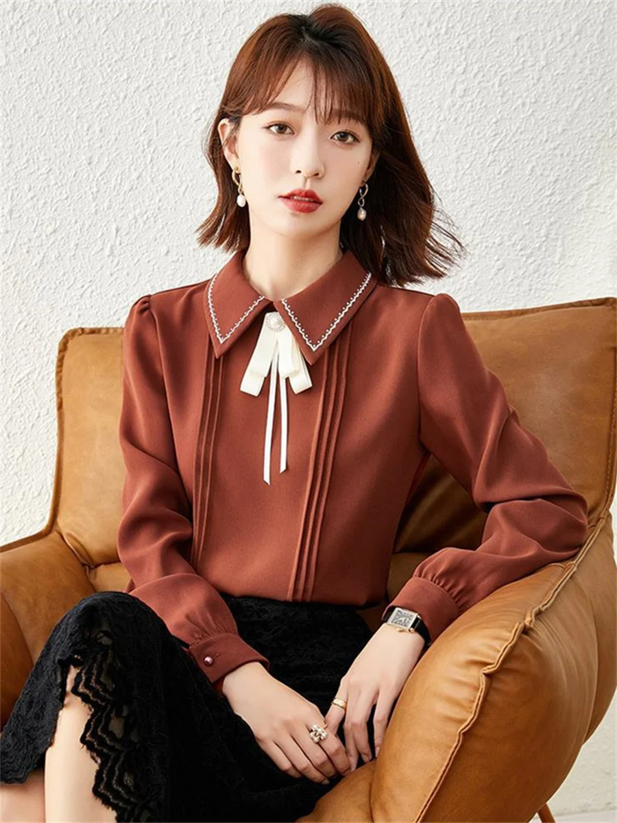 Women Summer Spring Shirts Lady Fashion Casual Long Sleeve Turn-down Collar Solid Color Elegant Blusas Tops G2384