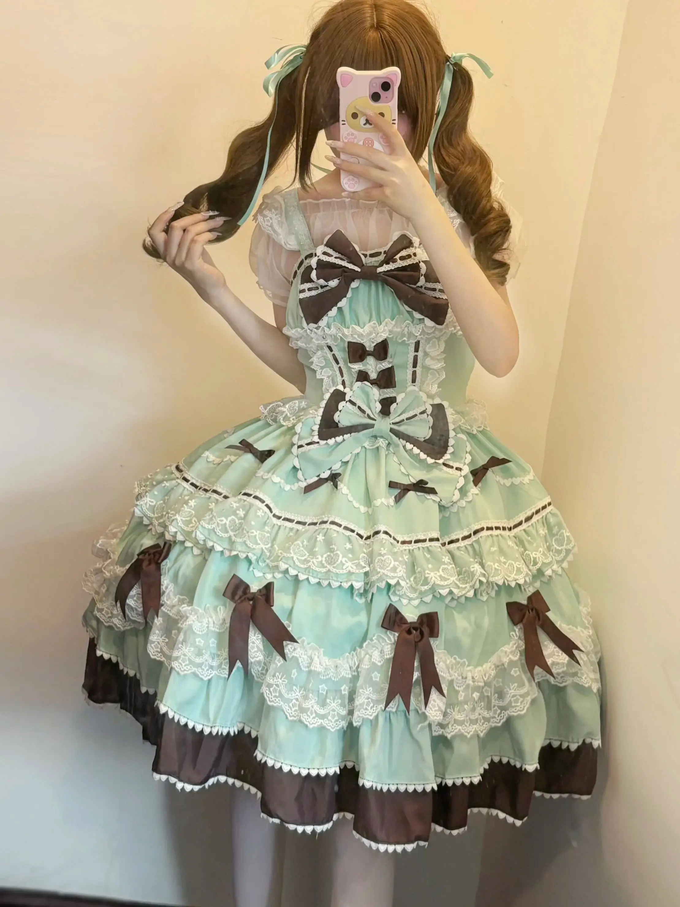 Zoete schattige snoepkleurige mintchocolade Lolita Kawaii taartjurk JSK strik kant dames plus size jarreteljurk - afbeelding 2