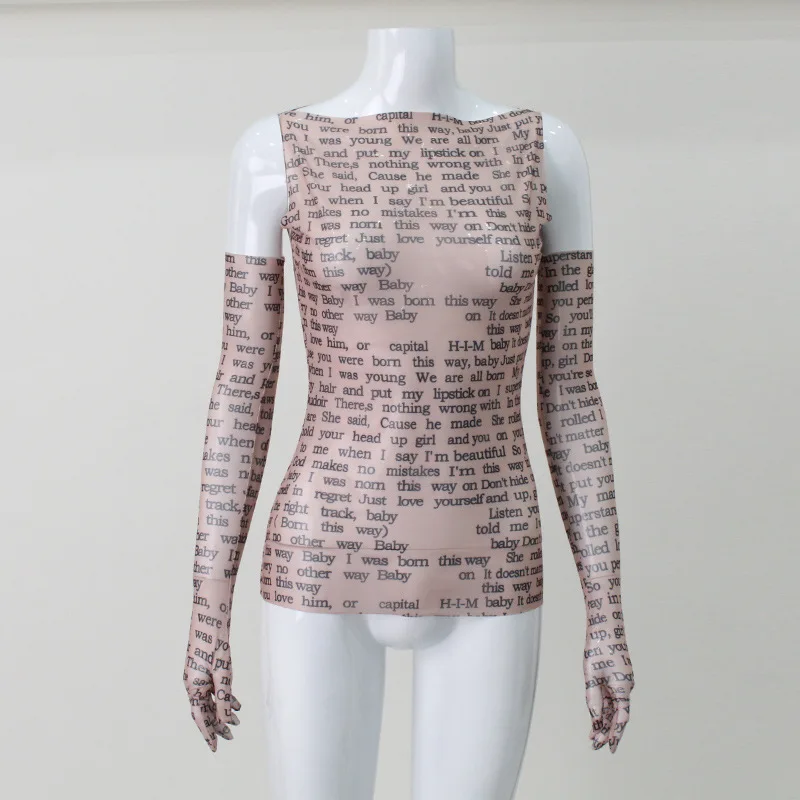 AHAgaga Sexy Tee T-shirt Women 2022 Winter Casual Letter Print Skinny See Through With Gloves Cropped Shirts Women Female Blusas — zdjęcie 6